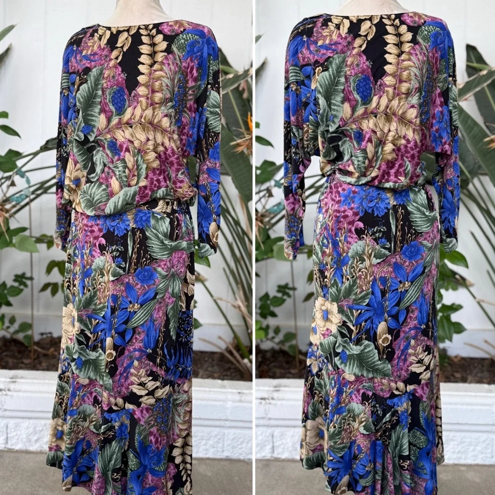 Unique SET Dress with Long Sleeves floral multicolor BLOUSE & SKIRT - Picture 4 of 15